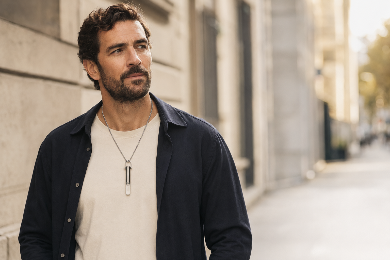 Collier SansClope argenté porté au quotidien